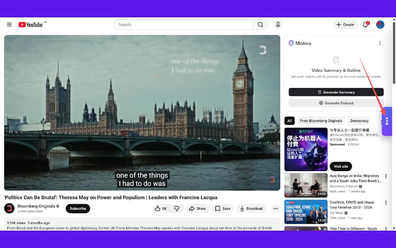 YouTube Transcript Generator Chrome extension interface on YouTube