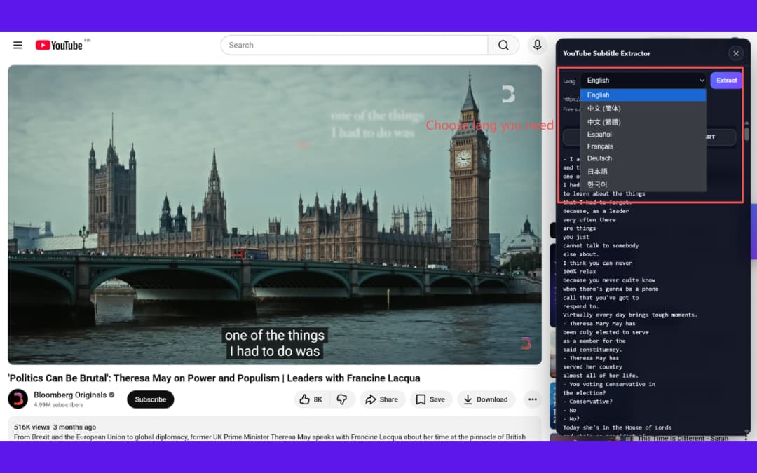 Transcript language selection dropdown in YouTube Transcript Generator extension