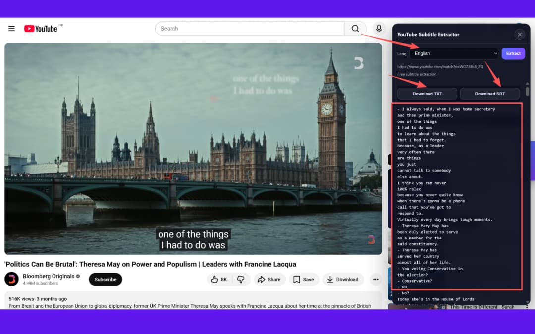 YouTube Transcript Generator panel opened on a YouTube video page