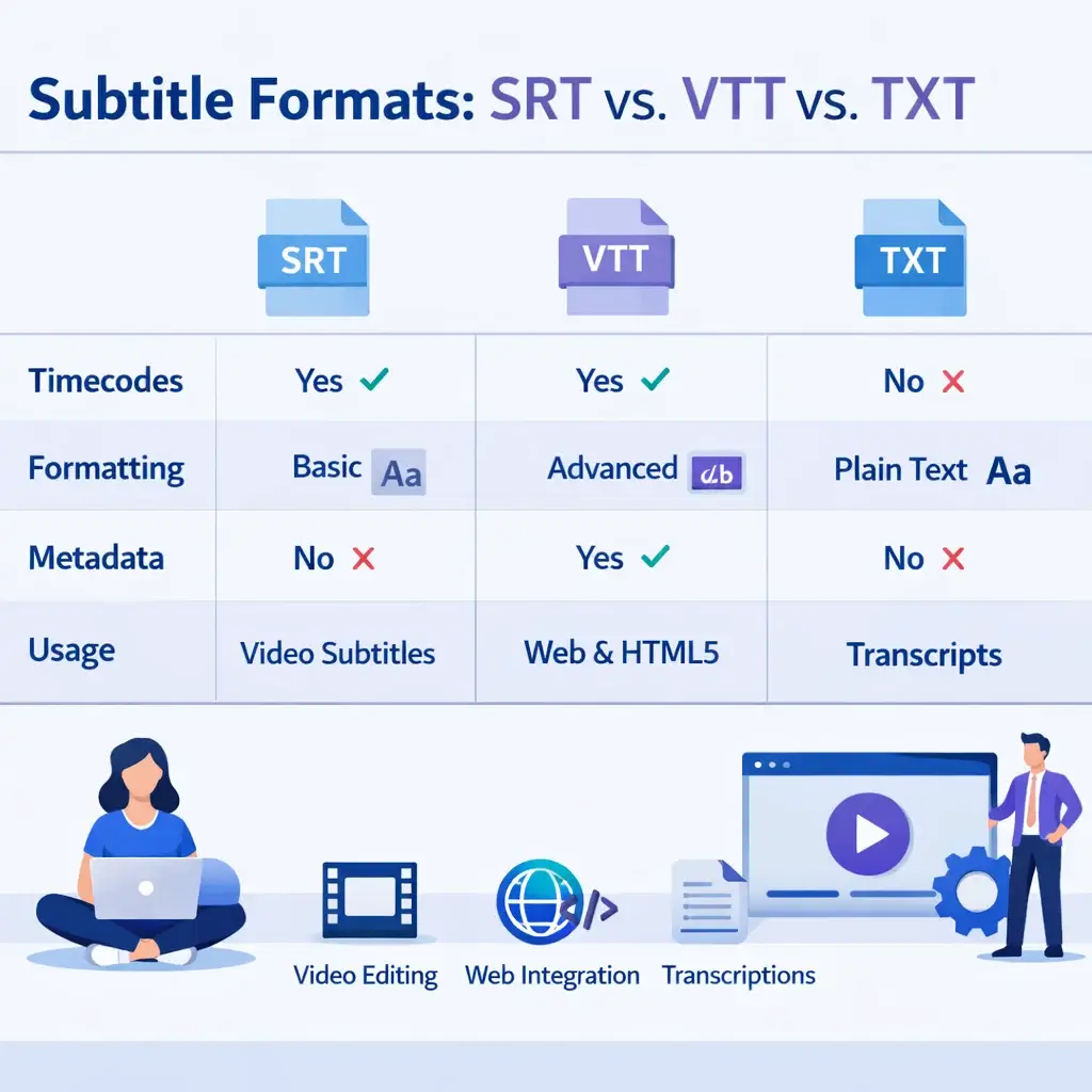 Comparison chart of YouTube subtitle formats SRT, VTT, and TXT for AI training and video editing.