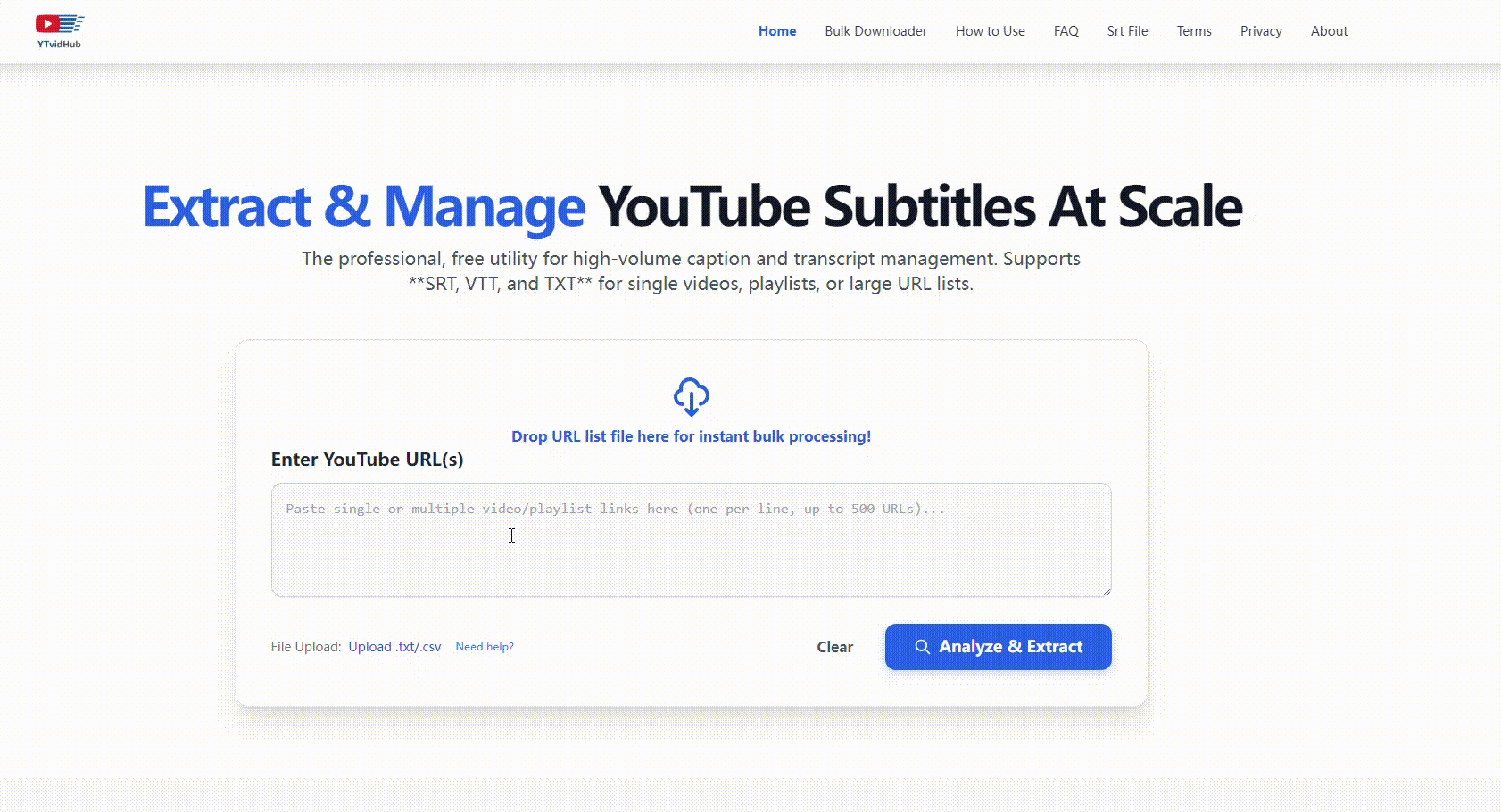 Animation showing a single YouTube URL being pasted into the input box and subtitles being downloaded.