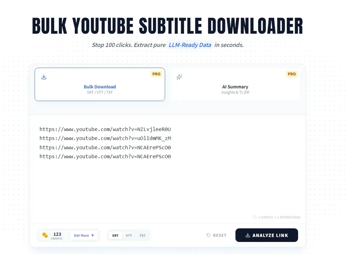 YTVidHub Bulk Downloader interface processing 500+ YouTube video URLs simultaneously for AI dataset preparation