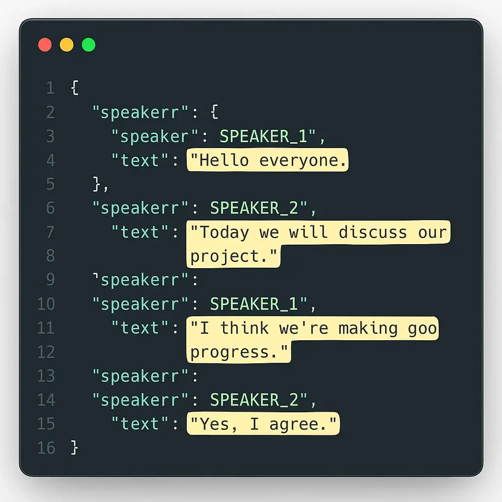 Clean JSON Data Structure for LLM Training Example of clean JSON data structure for LLM training, showing clearly organized subtitle segments.