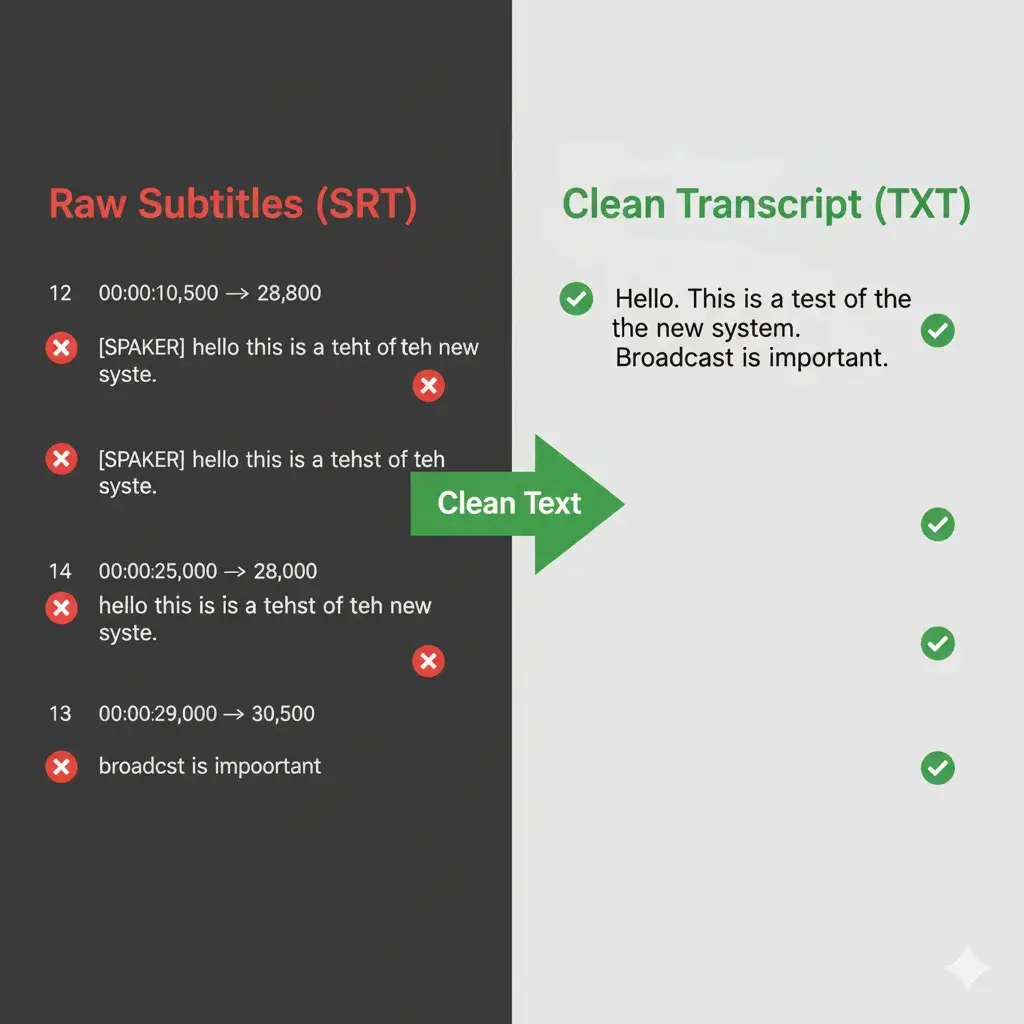 Clean vs. Raw YouTube Subtitles Comparison Comparison of raw YouTube subtitles (with timestamps) vs. clean, research-ready TXT text.