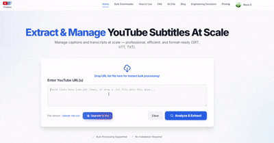 Animation showing a list of YouTube URLs being pasted for bulk download.
