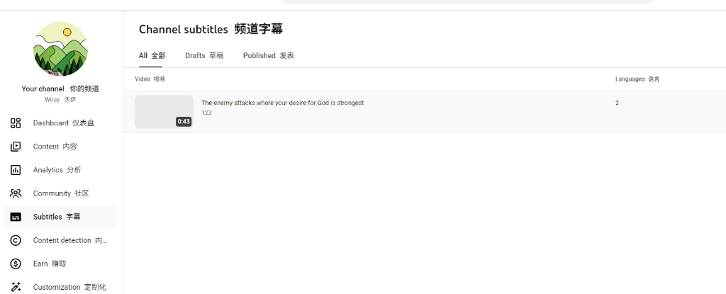YouTube Studio Channel Subtitles List showing videos