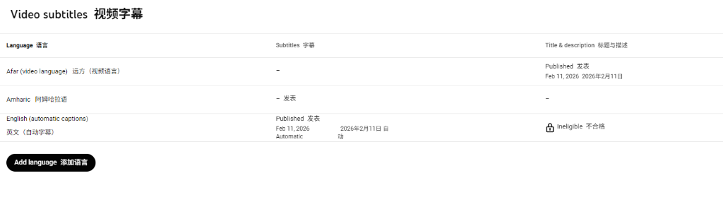 YouTube Studio Video Subtitle Details Page