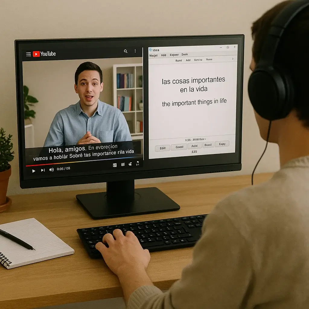 Language learning workflow: Scene showing the use of YouTube subtitle data to create Anki flashcards for study.