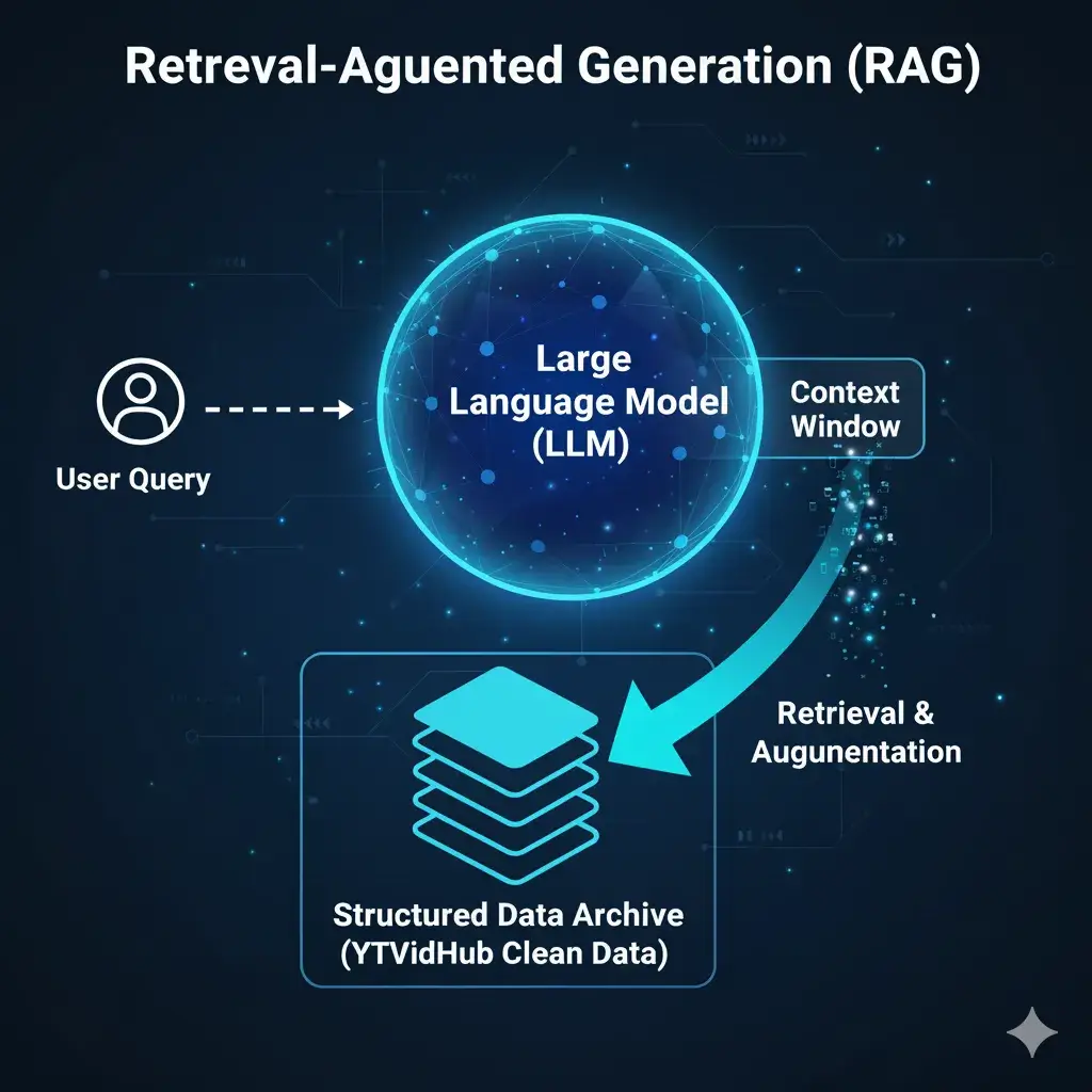 Visualizing how clean YouTube data from YTVidHub is injected into a modern LLM RAG system