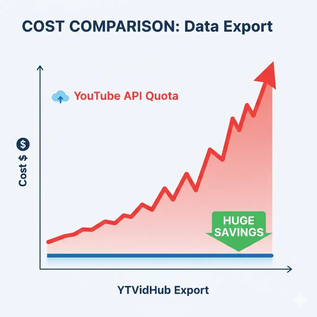 YouTube API Quota vs. YTVidHub Export Cost YouTube Data API quota cost comparison chart: High cost of API vs. free/low-cost export using YTVidHub.