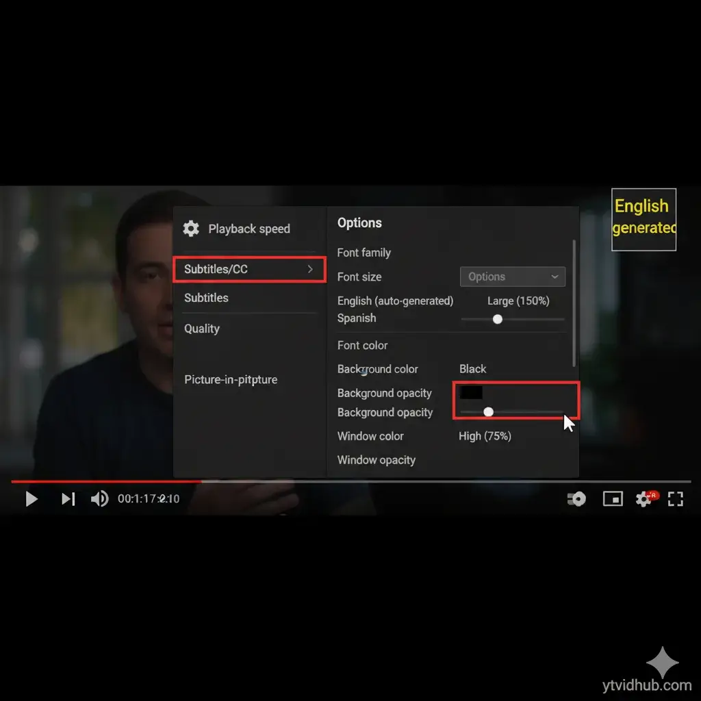 Screenshot of the YouTube accessibility menu showing controls for changing subtitle size and background color.
