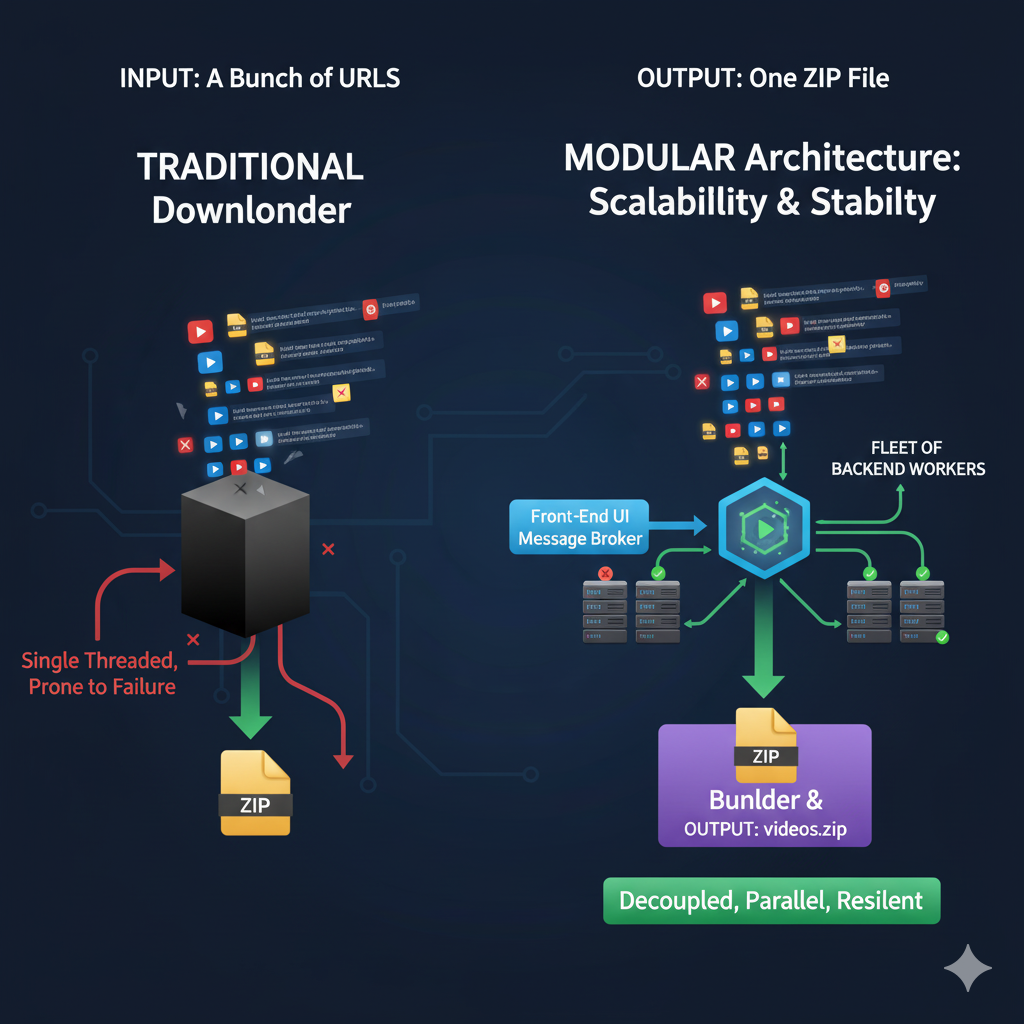 Conceptual diagram of YTVidHub's architecture for parallel batch processing of YouTube video IDs.