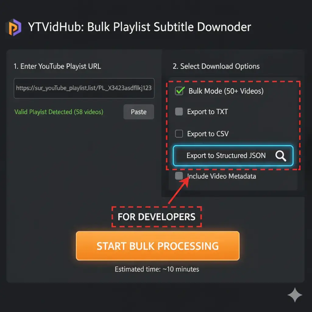 Screenshot of the Bulk Playlist Subtitle Downloader tool, highlighting the JSON Export feature for developers.