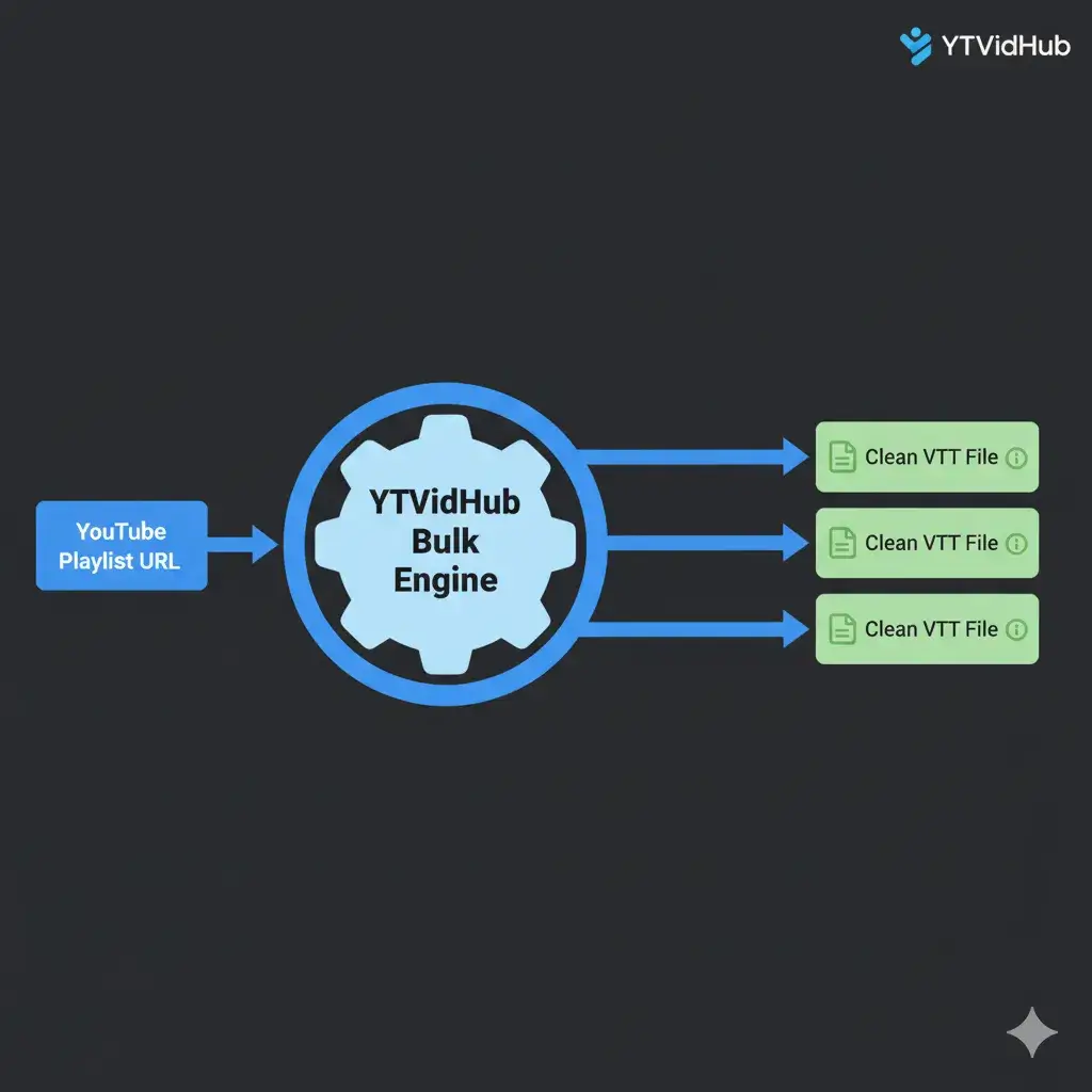 Visual representation of the bulk subtitle downloader processing a YouTube playlist URL into multiple, clean VTT files.