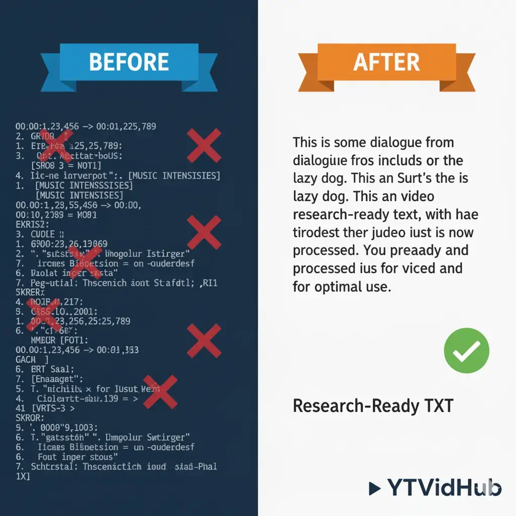Before (messy SRT) vs After (Clean Research-Ready TXT) subtitle cleaning comparison