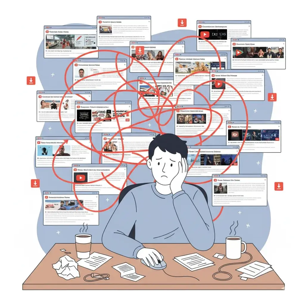 Illustration showing the tedious 'Before' process: a researcher overwhelmed by manually downloading subtitles from many separate YouTube windows.