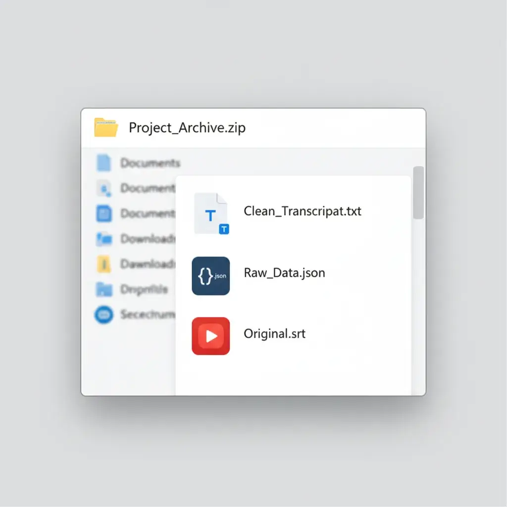 Screenshot of YTVidHub's bulk export: Clean TXT, JSON, and SRT files contained within the single downloaded ZIP archive.