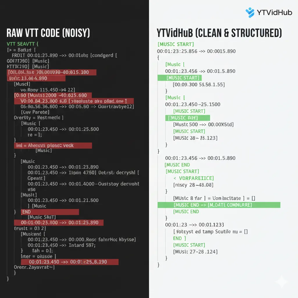 Side-by-side comparison of a raw, messy WebVTT file and the clean VTT output from the YTVidHub extractor.