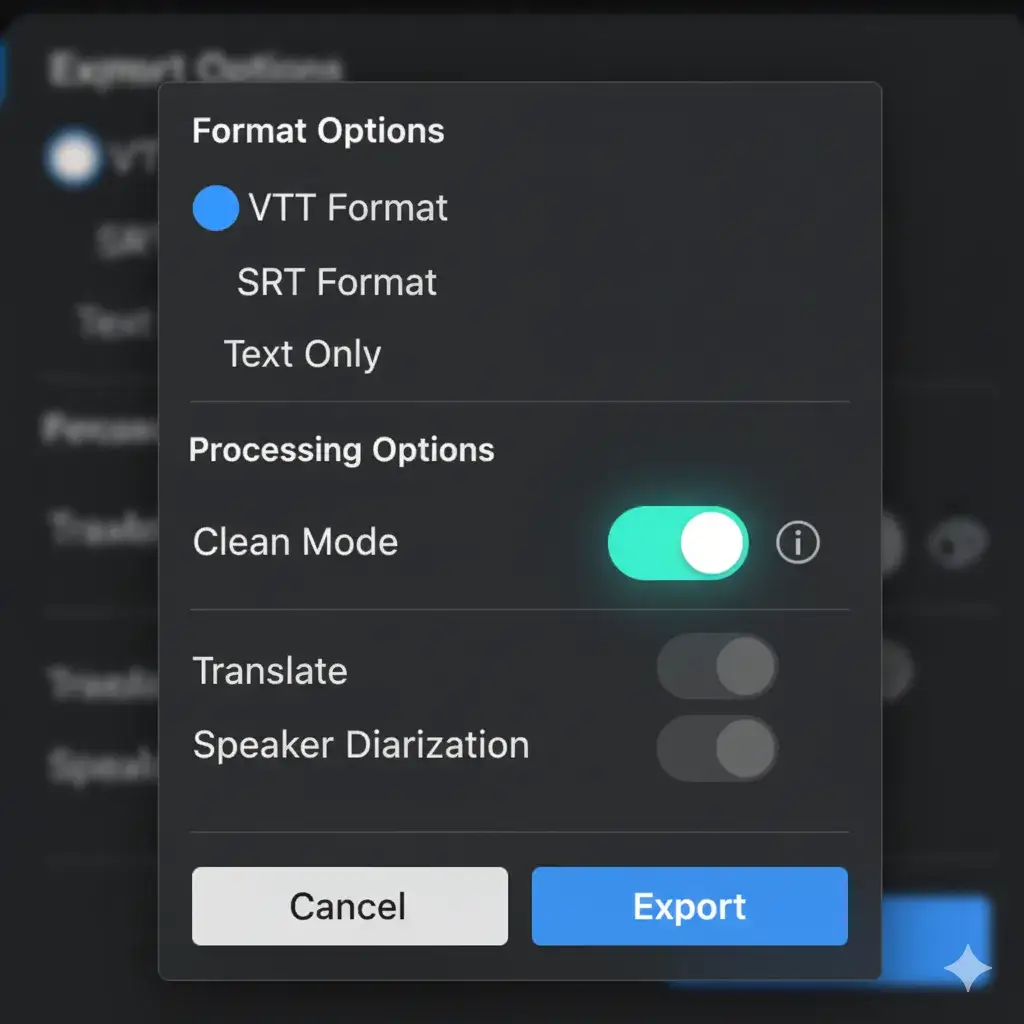 Screenshot showing the YTVidHub interface where users select the VTT subtitle format and activate the Clean Mode option.